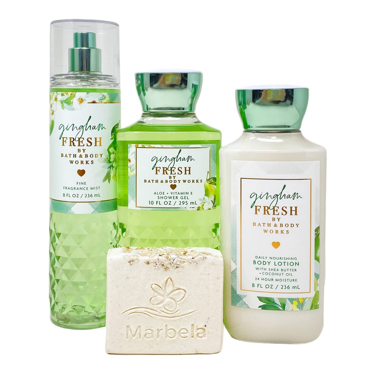 Bath & Body Works Gingham Fresh 4 Piece Gift Bag Set - Fragrance Mist - Body Lotion - Shower Gel - with a Natural Oats Bar Soap - Full Size Beauty and Personal Care Bath & Body Works