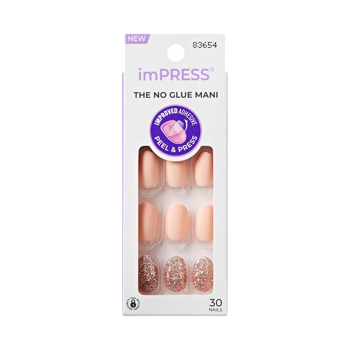 Kiss Impress No Glue Mani Press On Nails, Design, 'Evanesce', Beige, Short Size, Oval Shape, Includes 30 Nails, Prep Pad, Instructions Sheet, 1