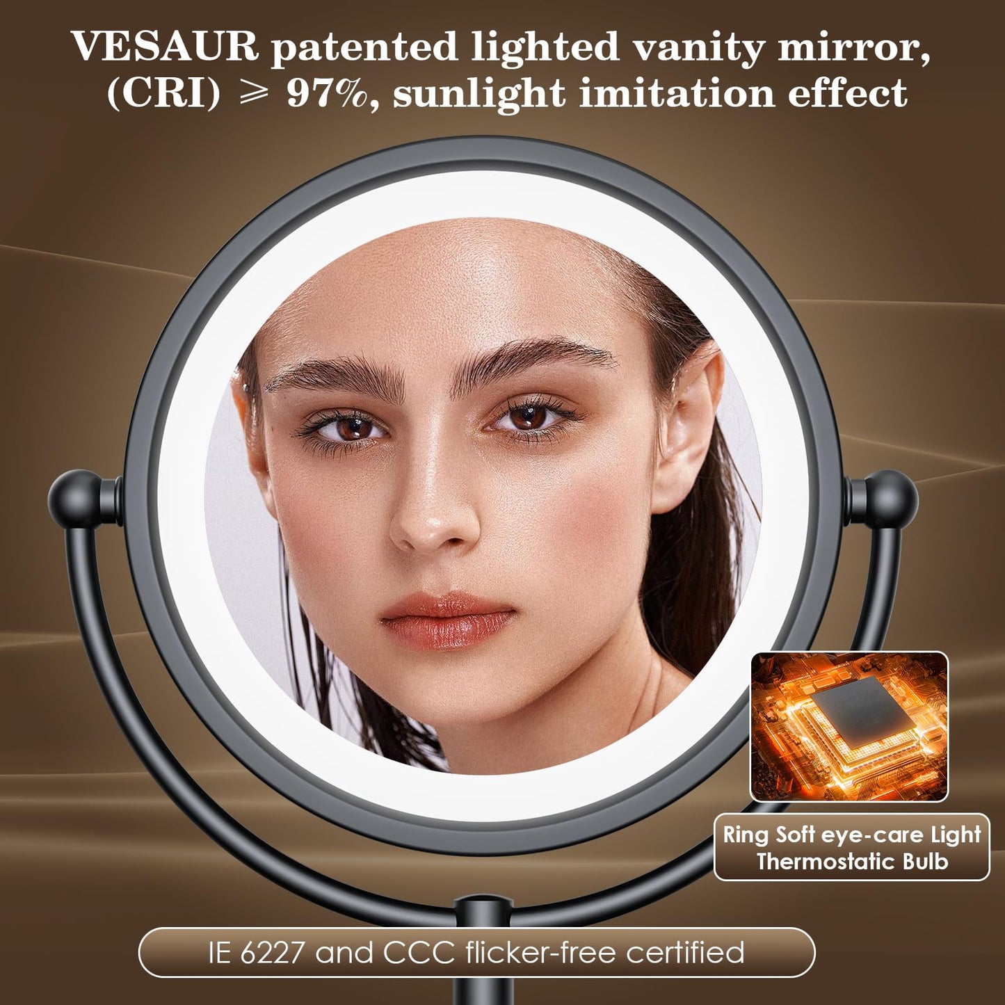 VESAUR Professional 8.5" Lighted Makeup Mirror, 1X/10X Double Sided HD Undistorted Magnifying Mirror with 3 Color 90 Dimmable LED lights, 360° Beauty & Personal Care VESAUR