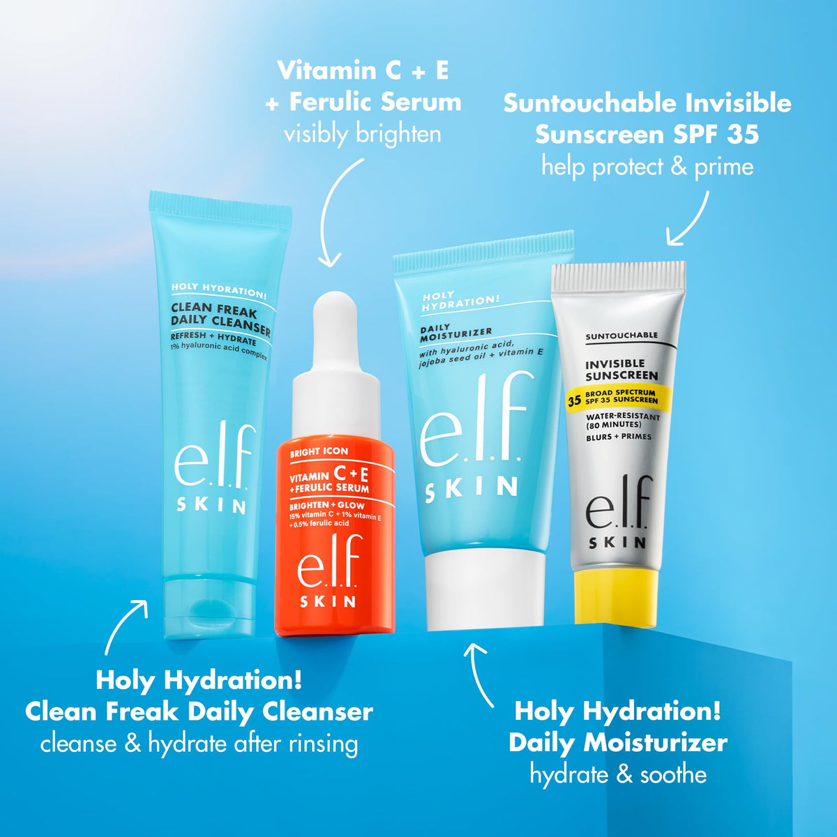 e.l.f. SKIN Wake the e.l.f. Up Skincare Kit, Travel-Size Hydrating Face Cleanser, Sunscreen, Moisturizer & Brightening Serum, Vegan & Cruelty-Free Beauty & Personal Care e.l.f.