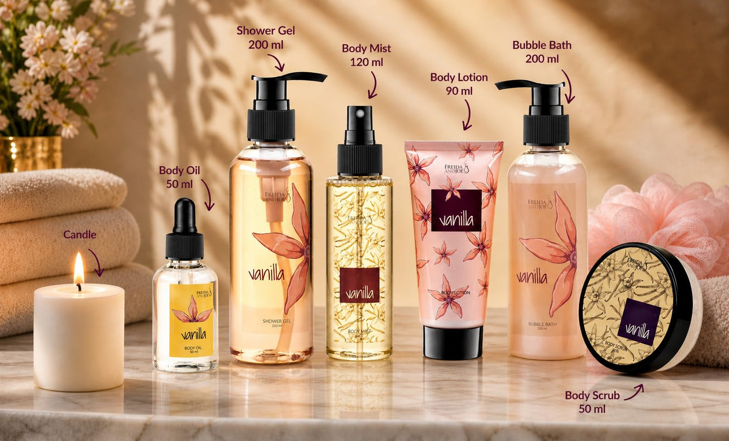 Vanilla Spa Gift Basket for Women - Mother’s Day Bath & Body Gift Set with Shower Gel, Bubble Bath, Body Lotion, Body Mist, Body Oil & Candle - Self Beauty and Personal Care Freida and Joe