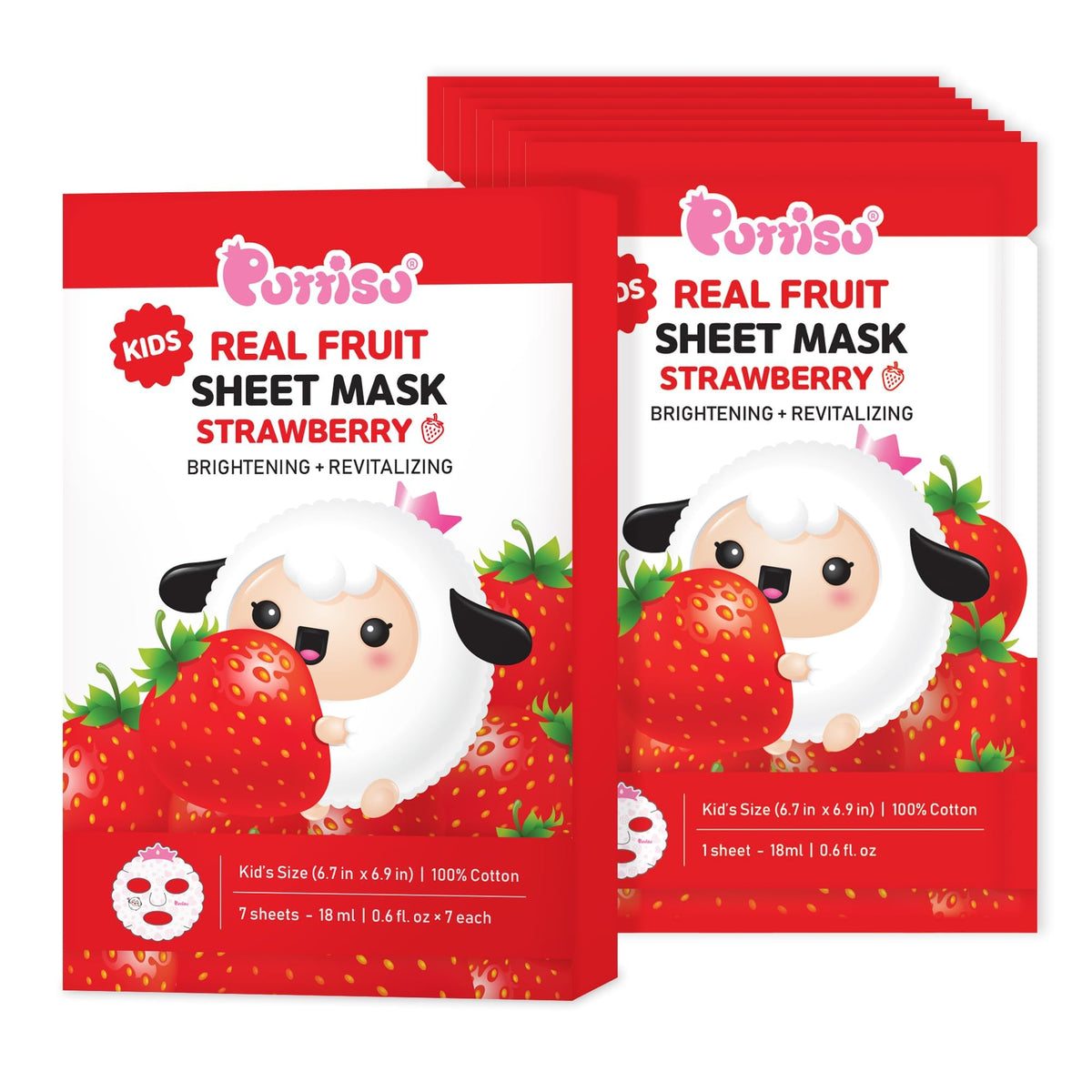 Puttisu Real Fruit Facial Mask Sheet for Kids, Children - Made with 100% Cotton, Moisturize, Sooths and Hydrates Skin (Strawberry - Pack of 21)