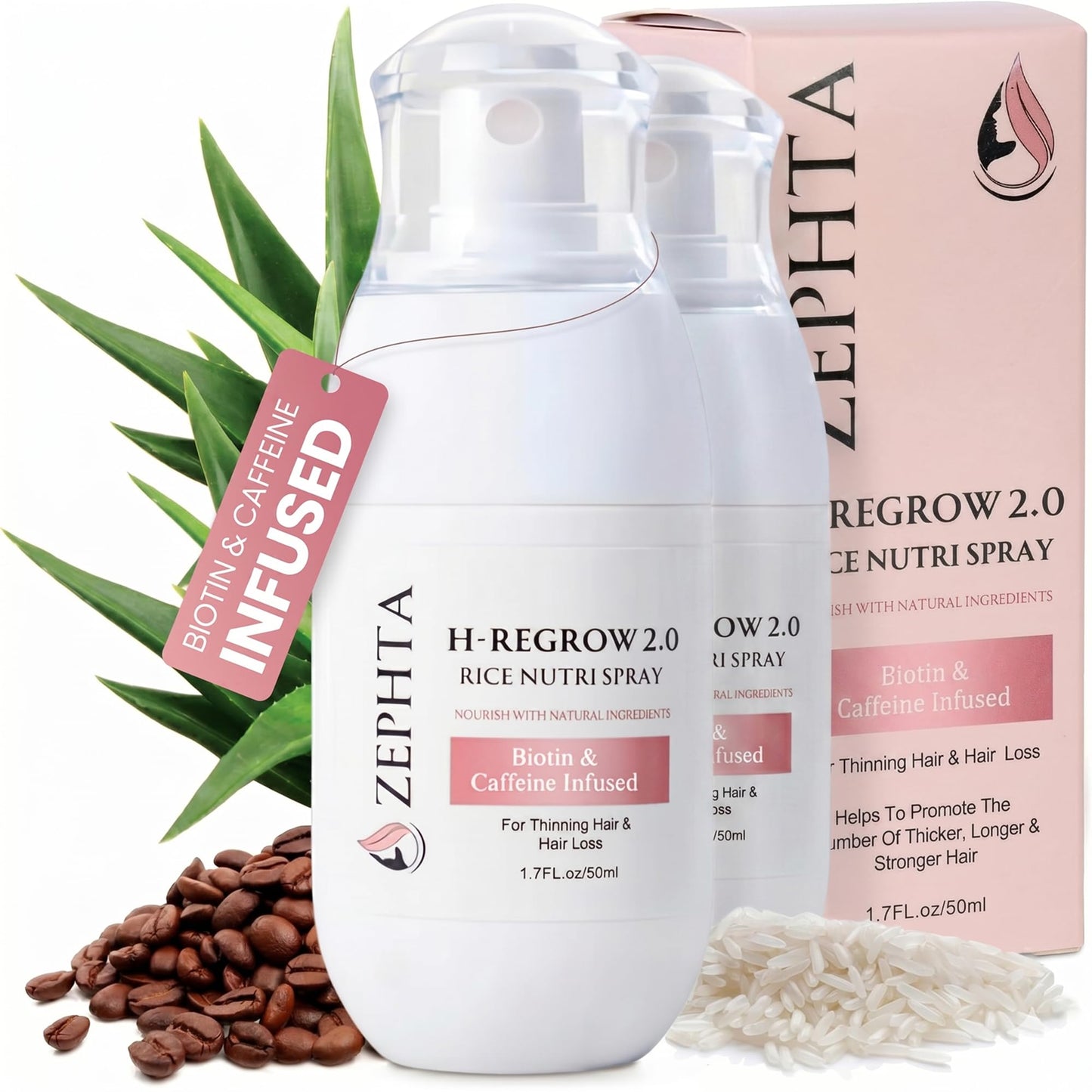 Zephta H-Regrow Hair Growth Spray - With Rice Water, Biotin, Aloe Vera, Caffeine, and Ginger - Hair Growth Product for Men and Women - For Thinning Beauty and Personal Care Zephta
