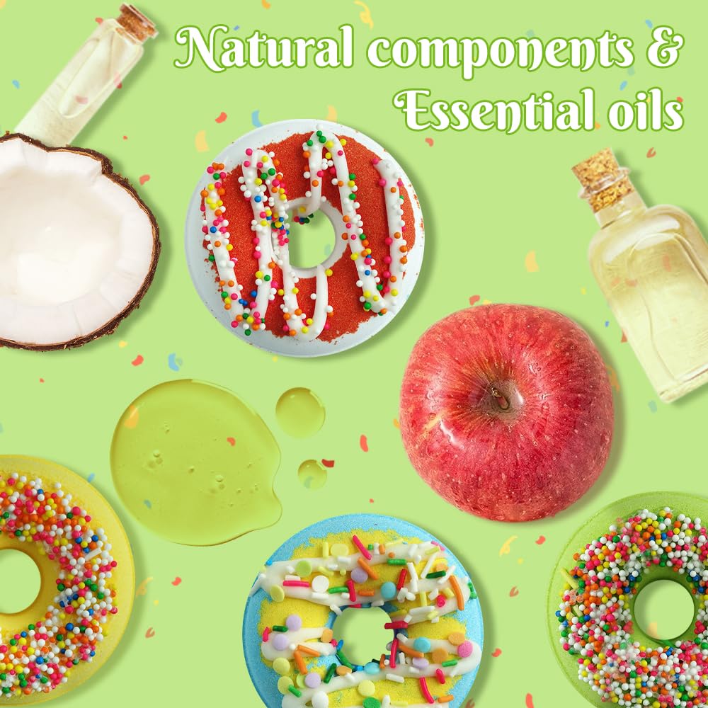 KAV Donut Bath Bombs Gift Set - 4 Piece Handmade Organic Bath Bomb Kit with Essential Oils - Relaxation Spa Gift for Women, Men, Teens, Kids - Self Beauty and Personal Care KAV