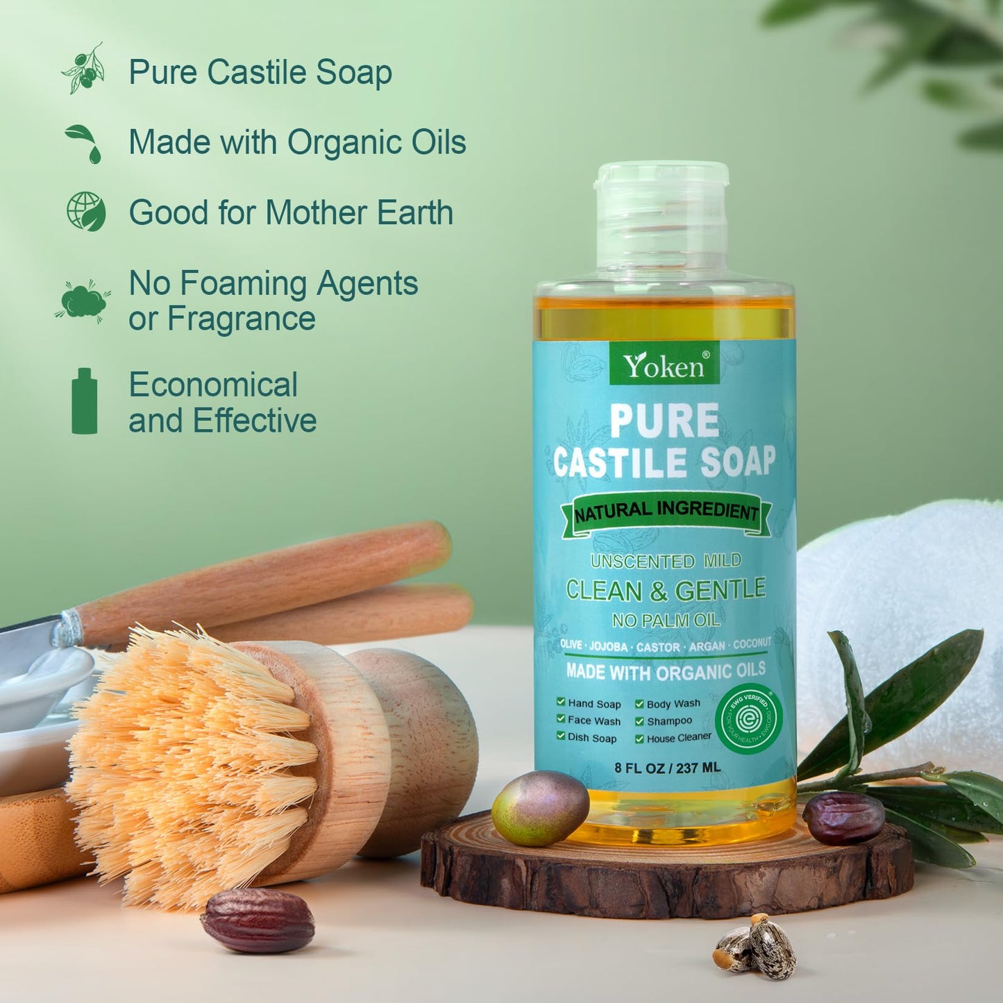 Yoken Pure Castile Liquid Soap 8 Oz Unscented with Organic Oil EWG Verified Beauty and Personal Care Yoken