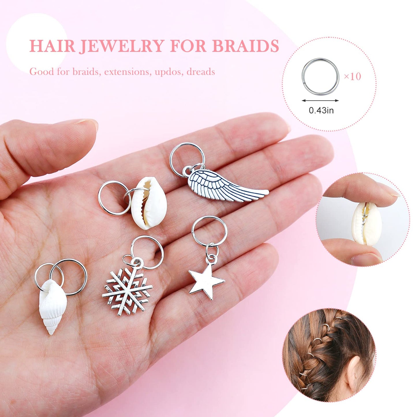 JIALEEY Hair Braid Rings, 50PCS Hair Loops Clips Silver Ring Shell Leaves Star Conch Snowflake Pendant Charms Set Hair Clip Headband Accessories Beauty & Personal Care JIALEEY