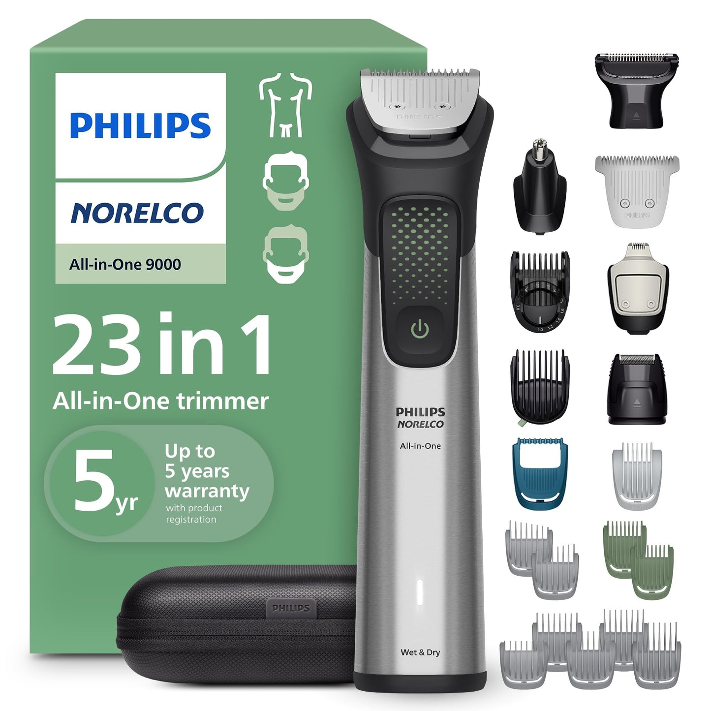 Norelco Philips All-in-One 9000 Series 23-Piece Trimmer - Electric Shaver and Clipper for Face, Beard, Head & Body, Self-Sharpening Full Metal Blades Beauty and Personal Care Norelco