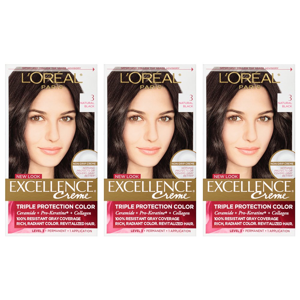L'Oreal Paris Excellence Creme Permanent Hair Color, 3 Natural Black (Pack of 3)