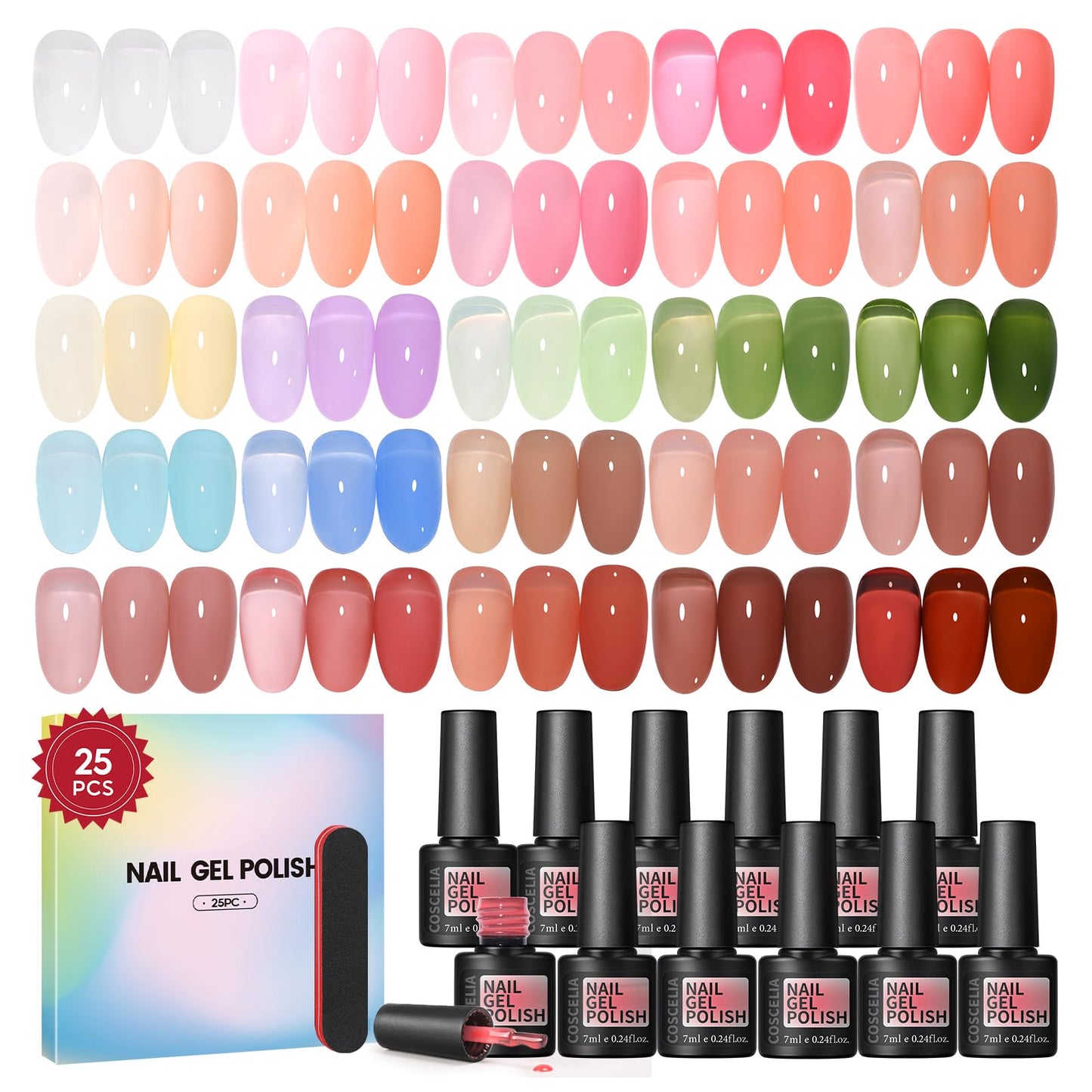 COSCELIA 25 Bottles Gel Nail Polish Set, 20 Colors Summer Gel Polish with 5PC Top Base Coat Kit Nude Pink White Brown Grey White Glitter Pastel Gels Beauty and Personal Care COSCELIA Default Title