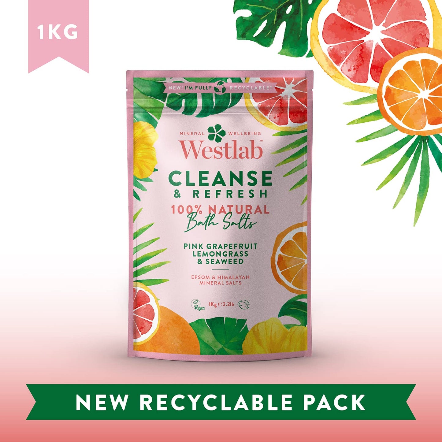Westlab - 1kg - Cleanse Epsom & Himalayan Salts Infused with Lemongrass & Pink Grapefruit - Perfect for Muscle soaks - 1kg Resealable Pouch Beauty and Personal Care Westlab