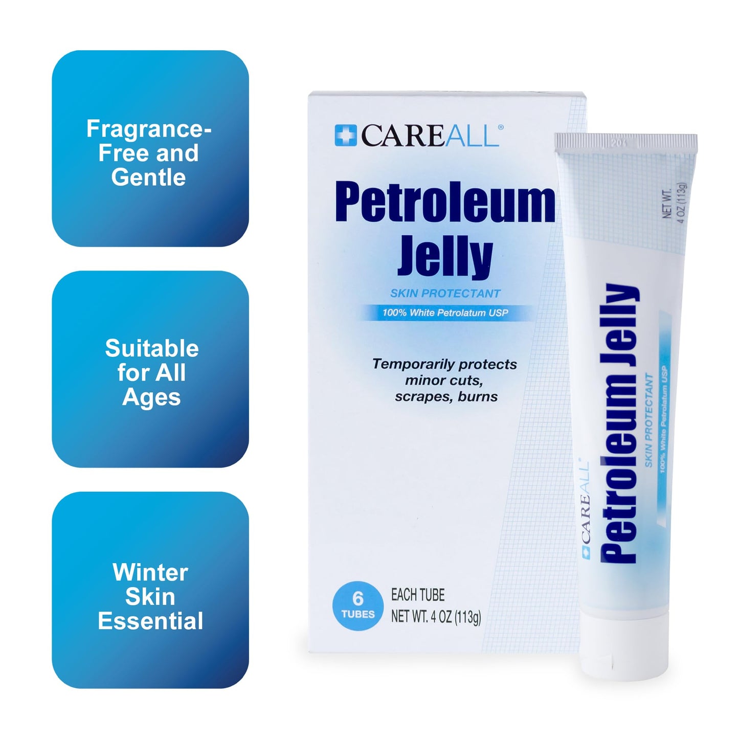 CareALL Petroleum Jelly 4 Oz. Tube (6 Pack), Unscented, 100% Pure White Petrolatum Jelly USP, Moisturizer for Dry Cracked Skin and Lips, Protectant Beauty & Personal Care CareAll