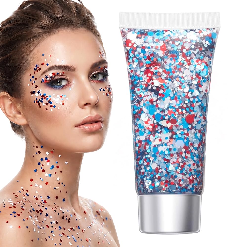 Red White Blue Hair Glitter Stick, 2026 New Patriotic USA Flag Star Chunky Face Body Outfits Sparkle Patriotic Pride Glitter for Soccer President's Beauty & Personal Care SundownAura