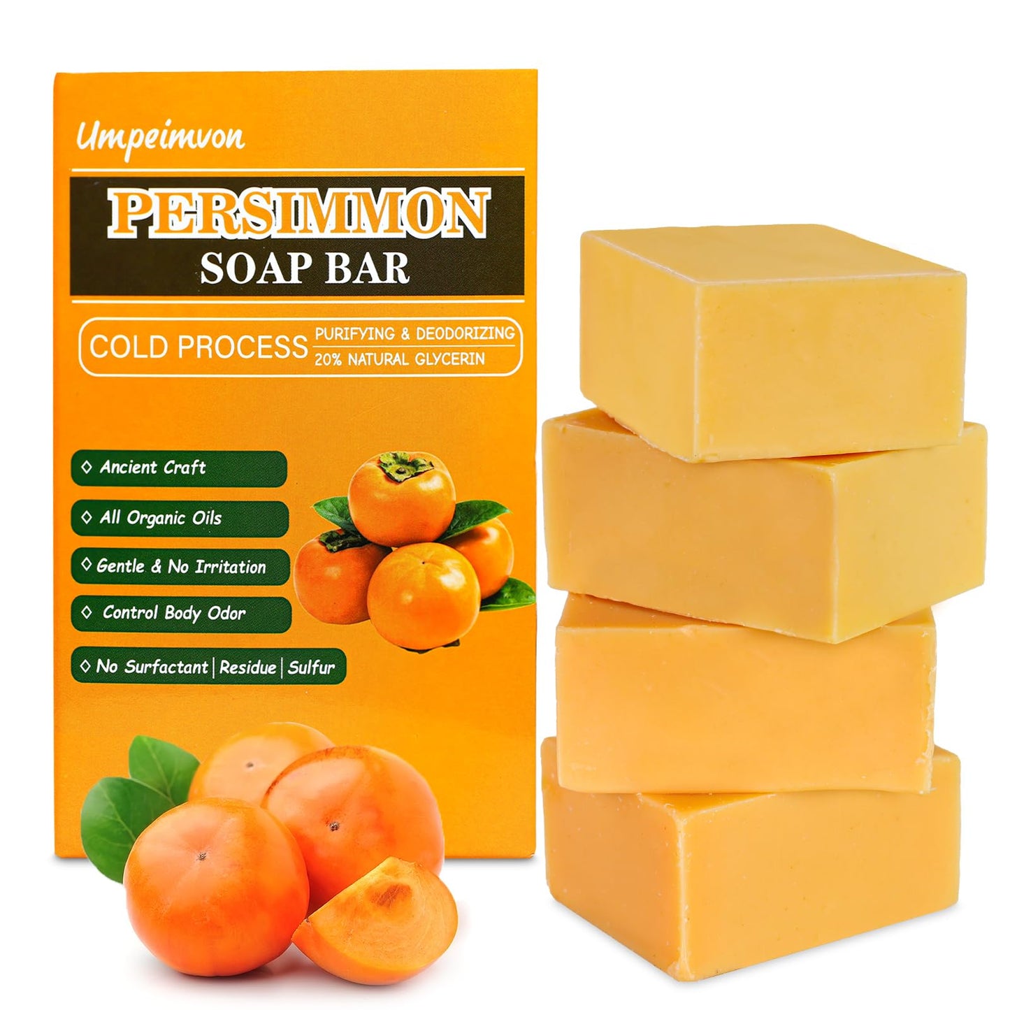 Umpeimvon 4 Pack Persimmon Soap for Body Odor, Natural Deodorant Persimmon Soap for Old People Smell, Handmade For Sensitive Skin, Cold Process Beauty & Personal Care Umpeimvon