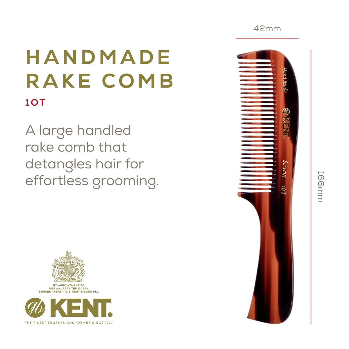 Kent 10T Large Detangler Comb, Handmade Wide Tooth Comb for Curly Hair, Detangling Combs For Wet and Dry Hair, Combs for Thick Hair, Saw-Cut and Hand