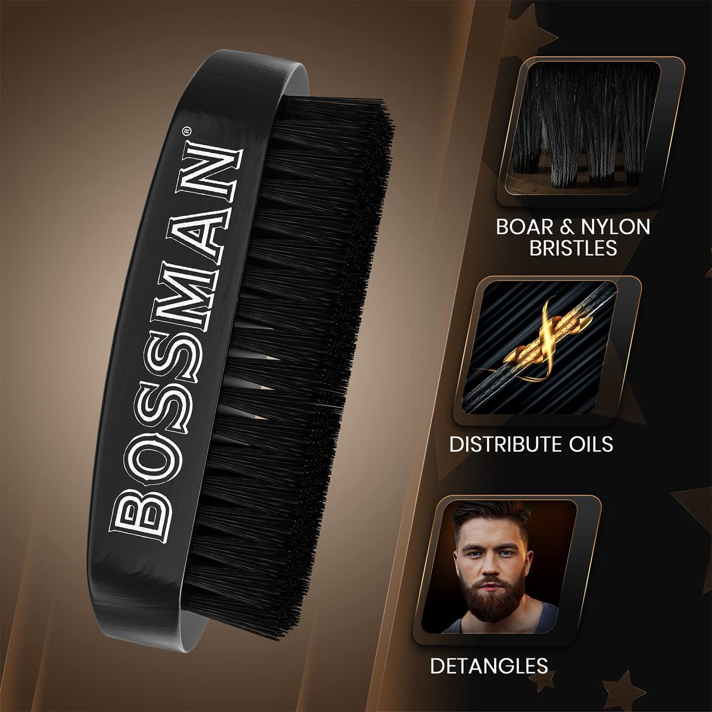 Bossman Beard Brush for Men - Hand Held Boar & Nylon Bristle Brush - Detangling Brush for Beard and Hair Care Beauty and Personal Care Bossman