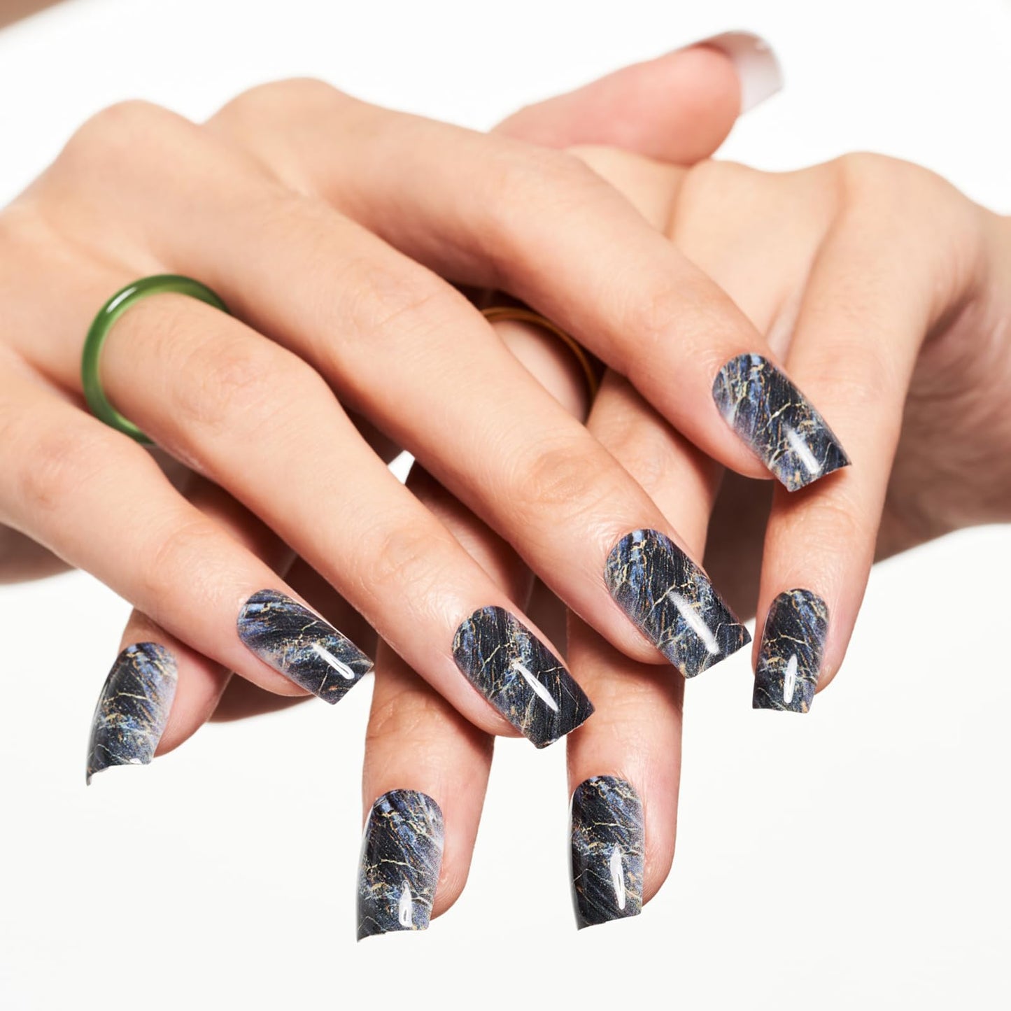 GLAMERMAID Ombre Press on Nails Medium Square, Fall Peacock Blue Marble Jelly Soft Gel Nails Square Fake Nail, Glossy Stick Glue 0n Nail Kit Beauty & Personal Care GLAMERMAID
