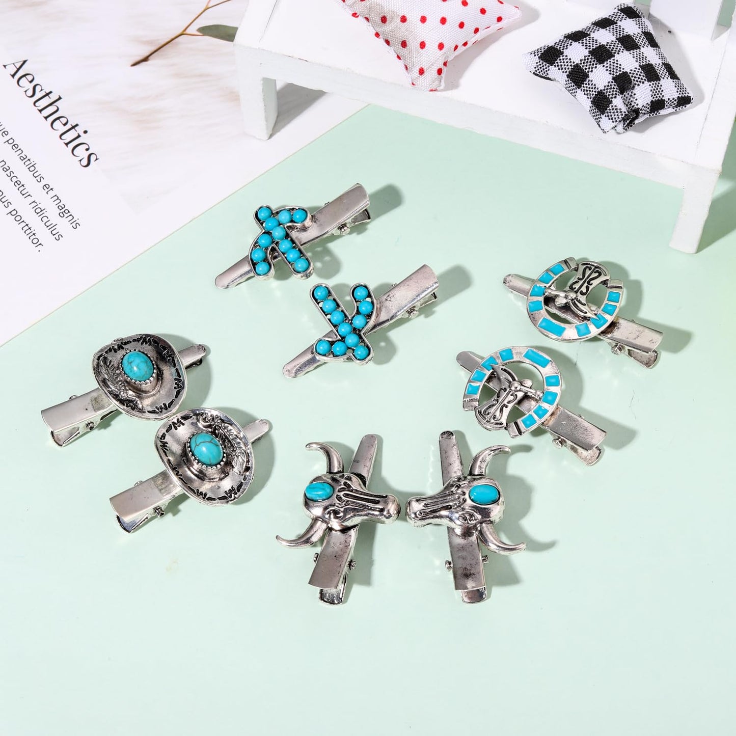 Western Cowboy Cowgirl Boot Hat Hair Clips - 8PCS Vintage Turquoise Star Lightning Cactus Hairpins - Women's Hair Accessories (Pattern A) Beauty & Personal Care mokkia