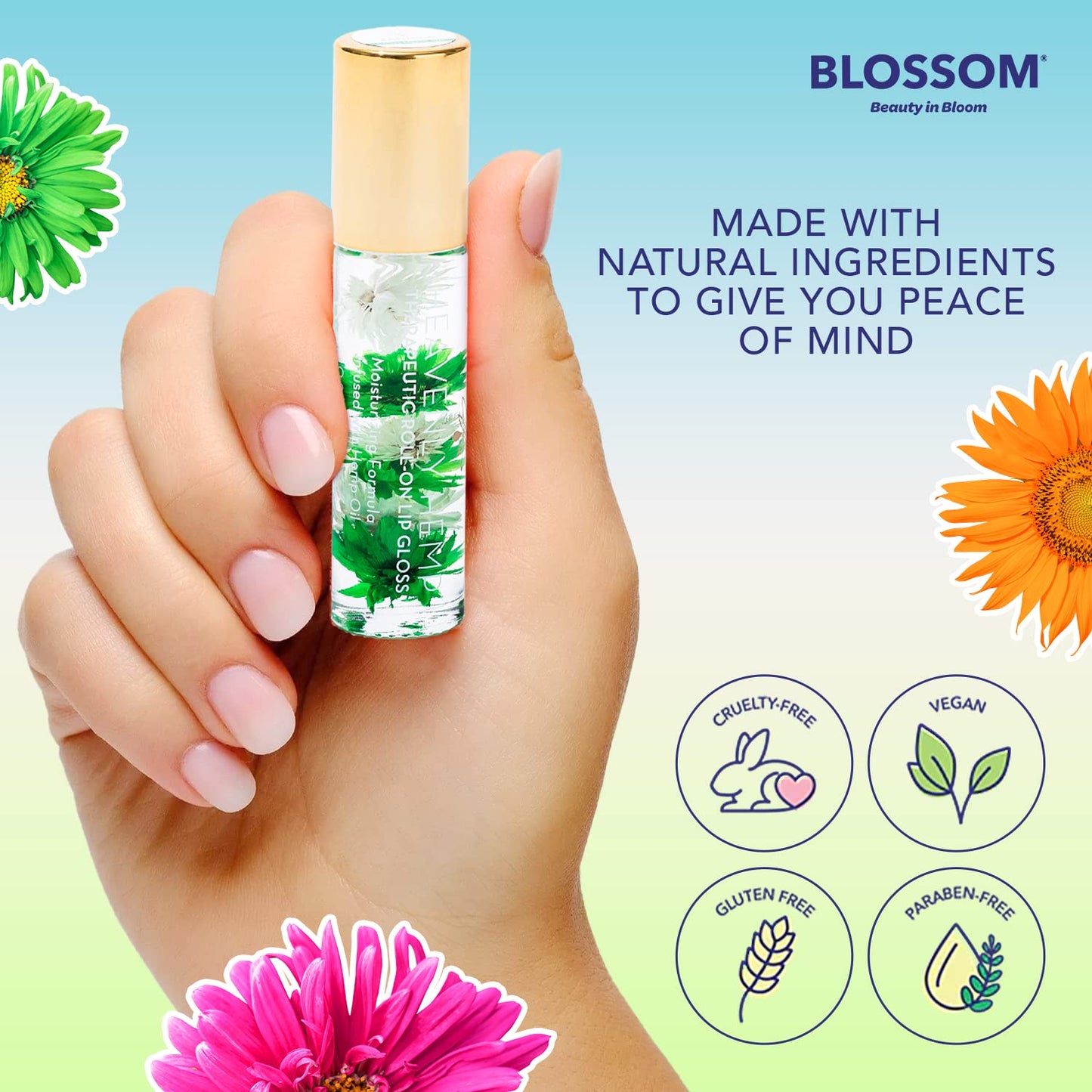 Blossom Roll on Lip Gloss, Scented Clear High Shine Moisturizing Lip Oil, Non Sticky, Infused with Real Flowers, Made in USA, 0.2oz, Vanilla Hemp Beauty & Personal Care Blossom