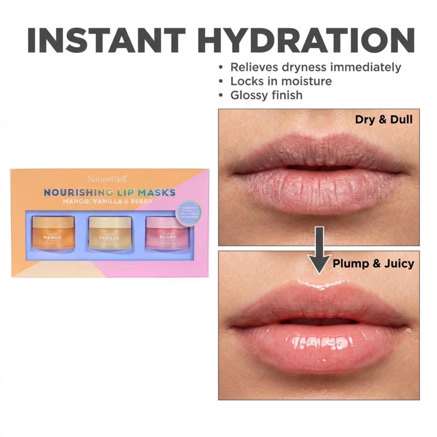 NATURE WELL Hydrating Lip Masks Variety Pack, Includes Mango, Vanilla & Berry Scents, High-Shine, Non-Greasy, Conditioning & Softening, 0.70 Ounce Beauty & Personal Care NATURE WELL