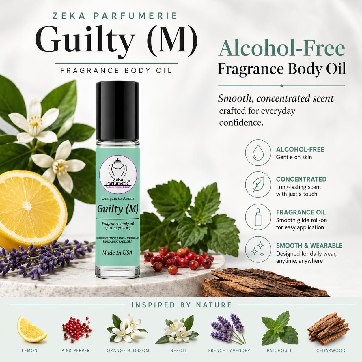 ZEKA PARFUMERIE Compare to Aroma compatible with Guilty for Men Fragrance Body oil on 1/3 oz (9.86ml) Travel size Roll-On Botlle Beauty & Personal Care ZEKA PARFUMERIE