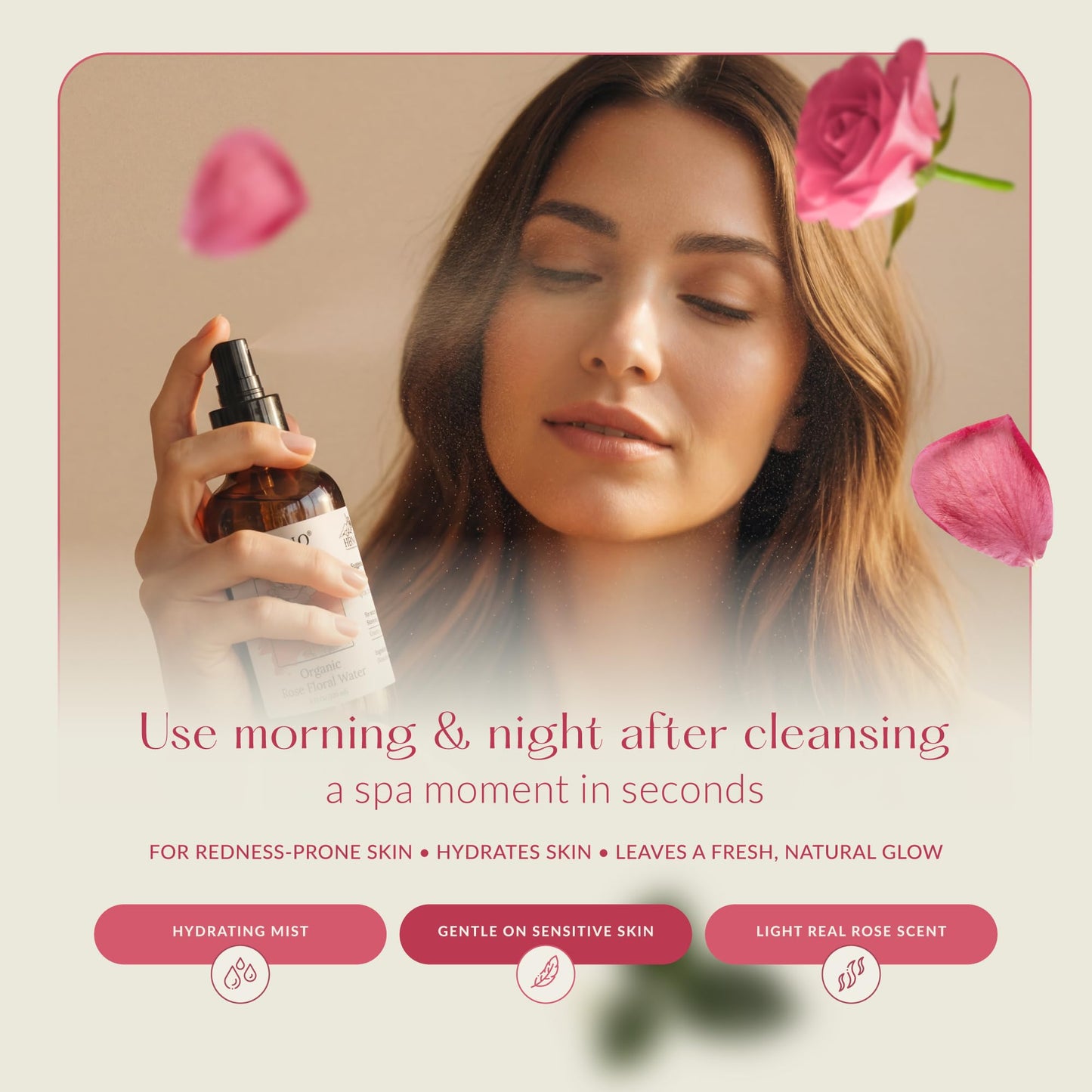 HBNO California Bottled Organic Rose Water for Face 4 fl oz (120ml) - USDA Certified Organic Rose Water Spray for Cleansing- Pure Rosewater for Hair Beauty and Personal Care HBNO