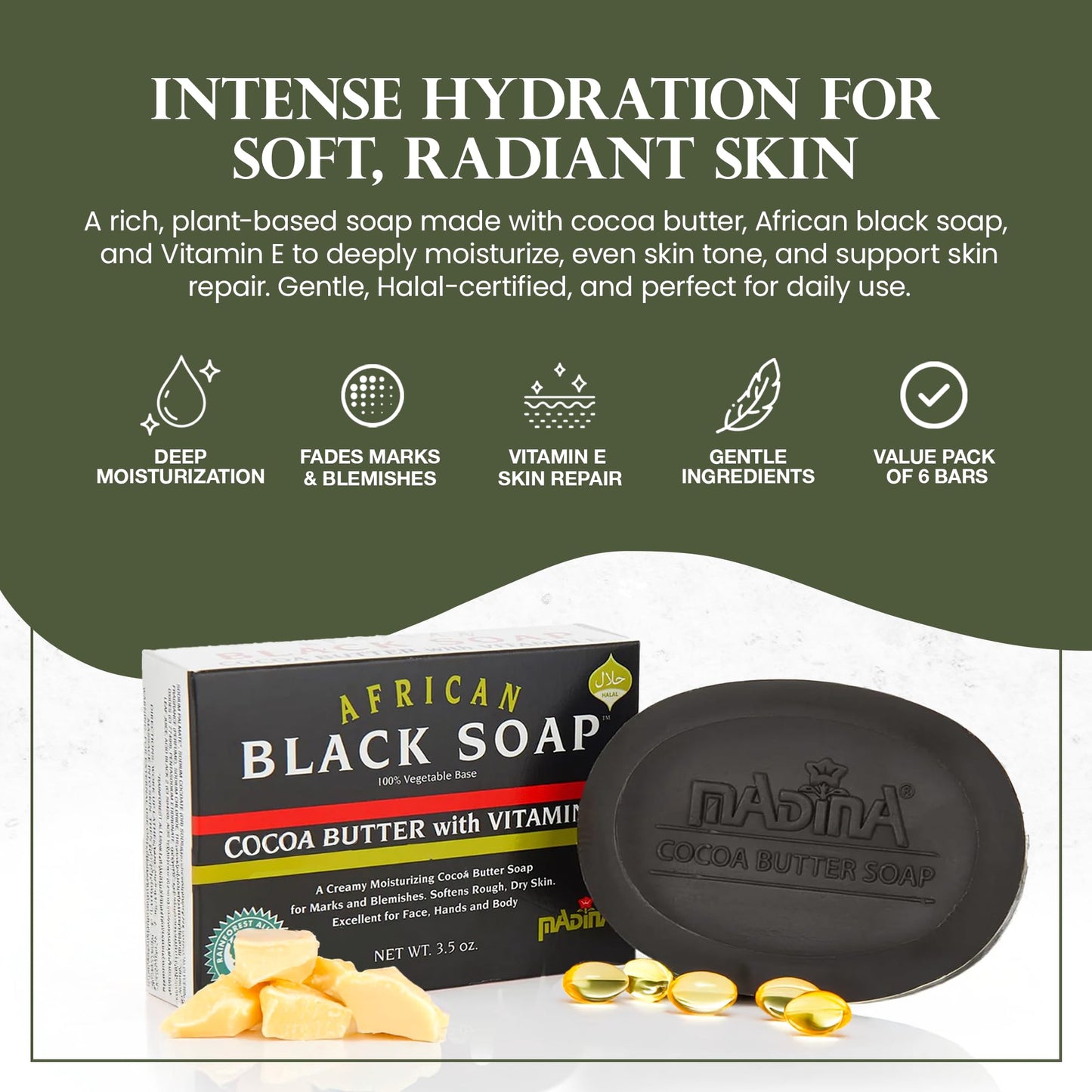 Madina African Black Soap Bar - Cocoa Butter, Vitamin E, Moisturizing, Skin-Restoring, Marks & Blemishes, Face & Body Cleanser, 100% Vegetable-Based Beauty & Personal Care Madina