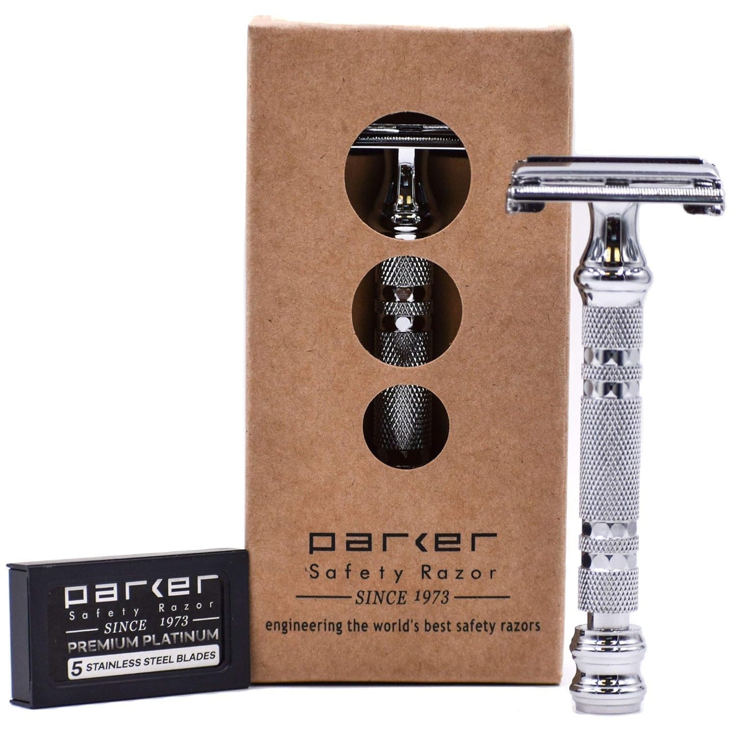 Parker 66R Long Handle Butterfly Safety Razor - Twist-to-Open Brass Frame with Textured Chrome Finish for Close, Comfortable Shaves - 5 Blades Beauty and Personal Care Parker Safety Razor