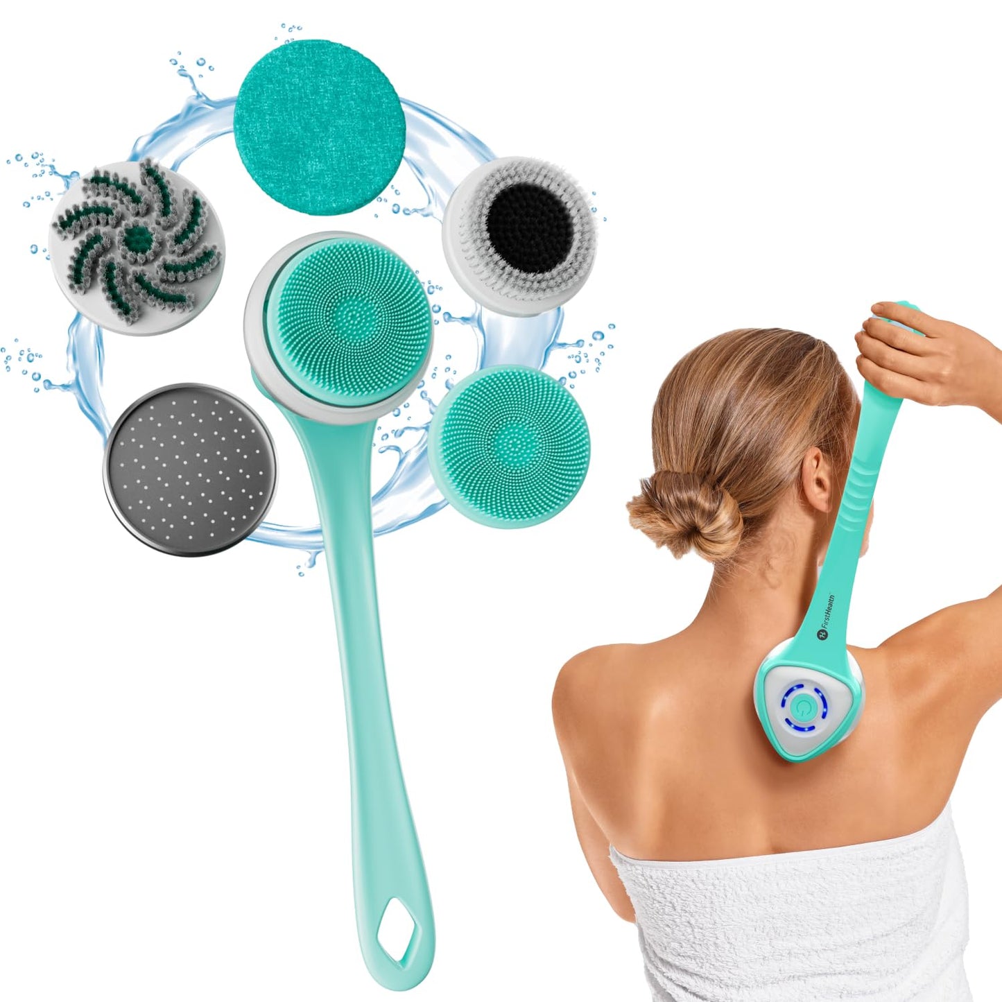 FIRSTHEALTH 6-in-1 Electric Exfoliating Body Scrubber for Women & Men, USB-C Rechargeable IPX7 Waterproof Shower Brush, Detachable Long Handle Back Beauty and Personal Care FIRSTHEALTH