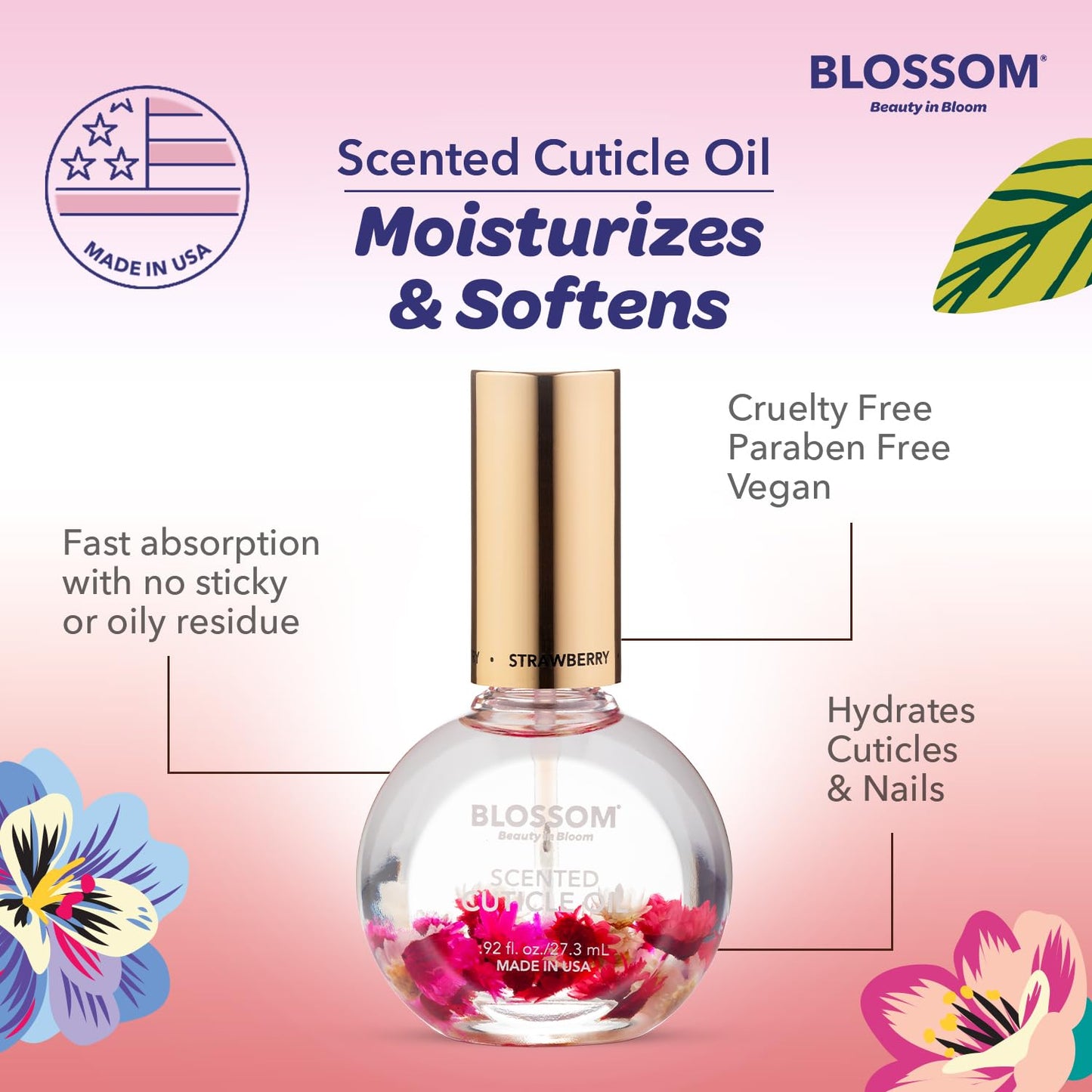 Blossom Cuticle Oil for Nails, Hydrating & Moisturizing, Scented Nail Care with Real Flowers, Made in USA, Strawberry, 0.92 fl oz Beauty & Personal Care Blossom