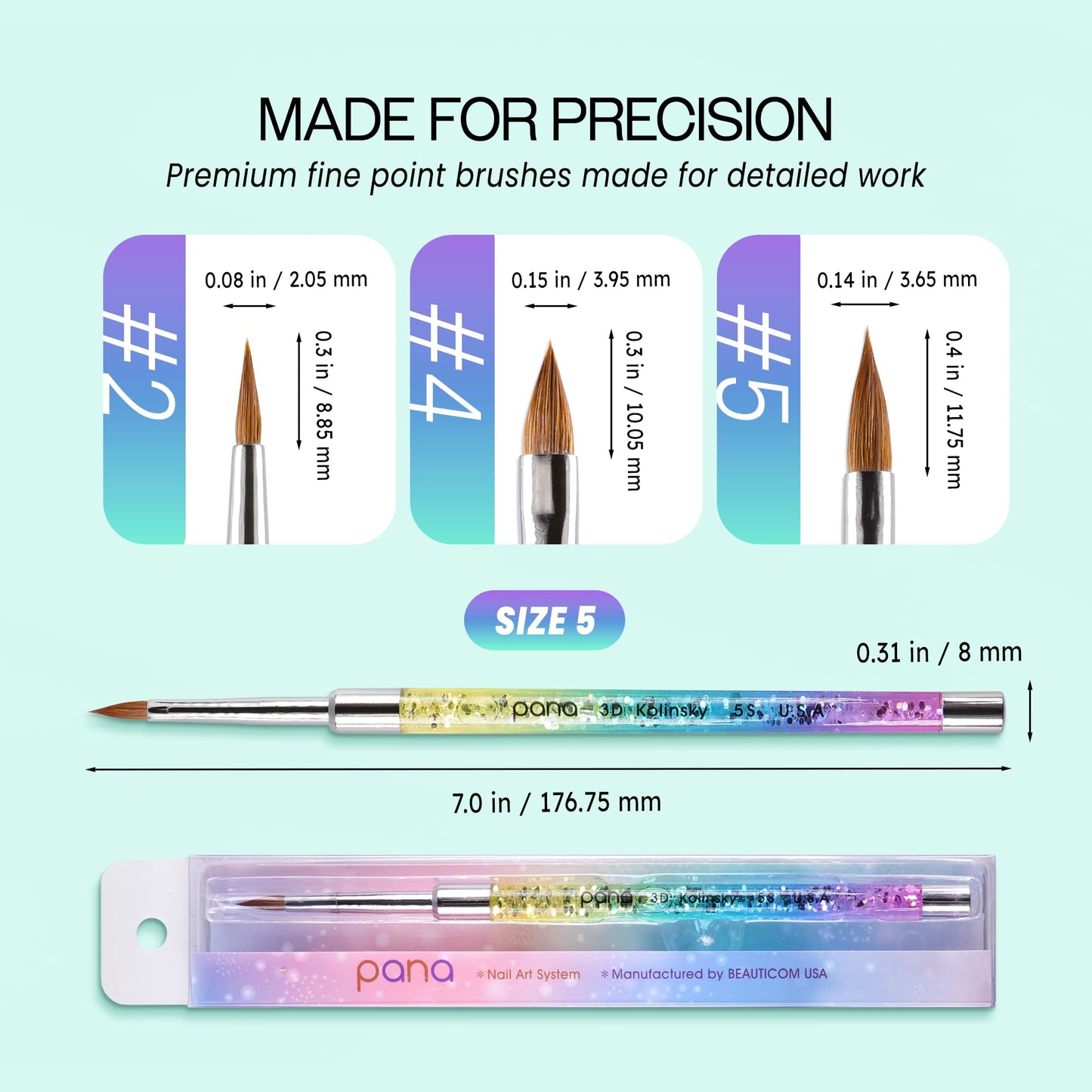 PANA Kolinsky 3D Acrylic Nail Brushes with Liquid Glitter Handle - For Professional Acrylic Powder Liquid Manicure Pedicure (Rainbow Color, Size #5) Beauty & Personal Care PANA