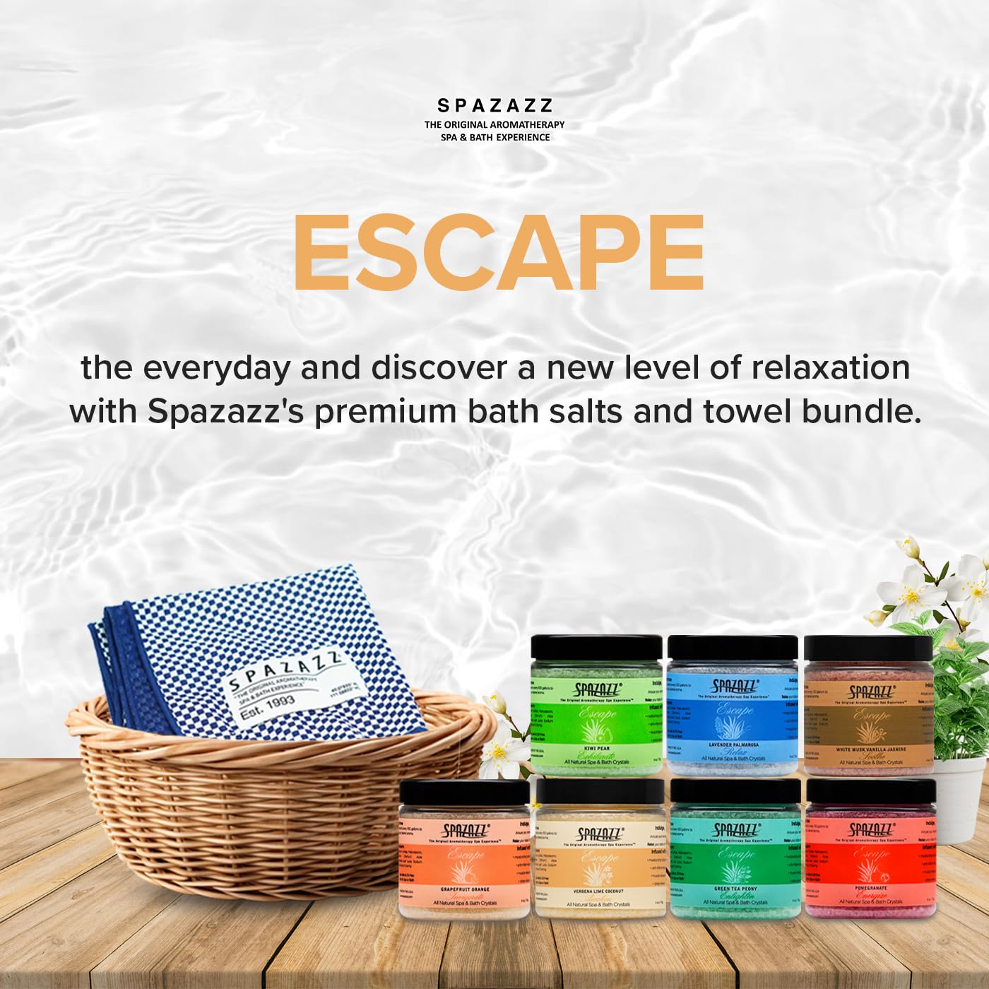 Hot Tub & Spa Bath Salt Aromatherapy Crystals - Spazazz Escape Collection 4 Oz 7-Pack Sampler & Hot Cold Towel - Lavender, Lime Coconut, Green Tea Beauty and Personal Care Spazazz