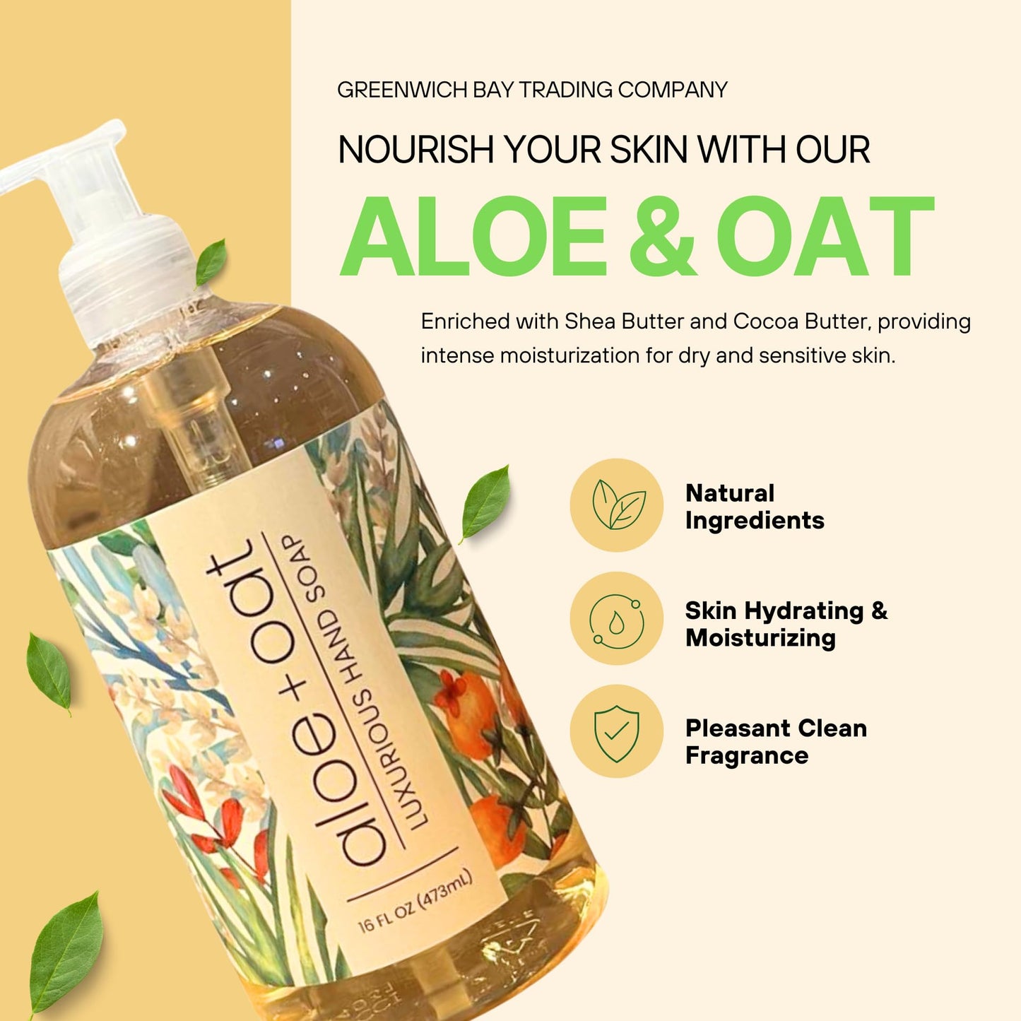Greenwich Bay Trading Company Aloe + Oat Hand Soap Enriched with Shea Butter, Cocoa Butter, Aloe & Oatmeal Extract Beauty & Personal Care Greenwich Bay Trading Company