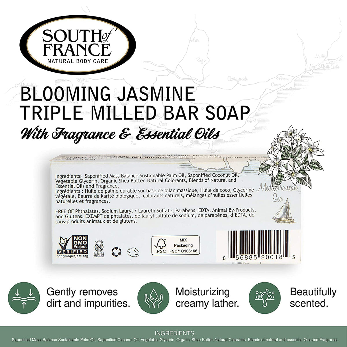 South of France, Blooming Jasmine, French Milled Oval Soap with Organic Shea Butter, 6 oz (170 g) - 2pc2 Beauty & Personal Care South Of France