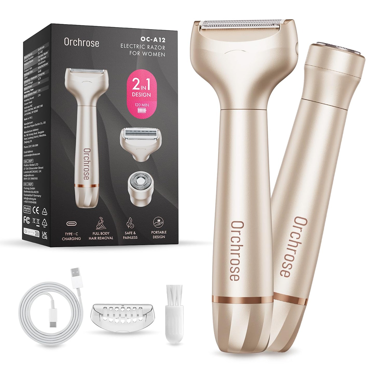Orchrose Electric Razor for Women Rechargeable: 2-in-1 Painless Shaver for Face Legs Underarms and Bikini Area - Twist Knob Travel Lock Design Beauty and Personal Care Orchrose