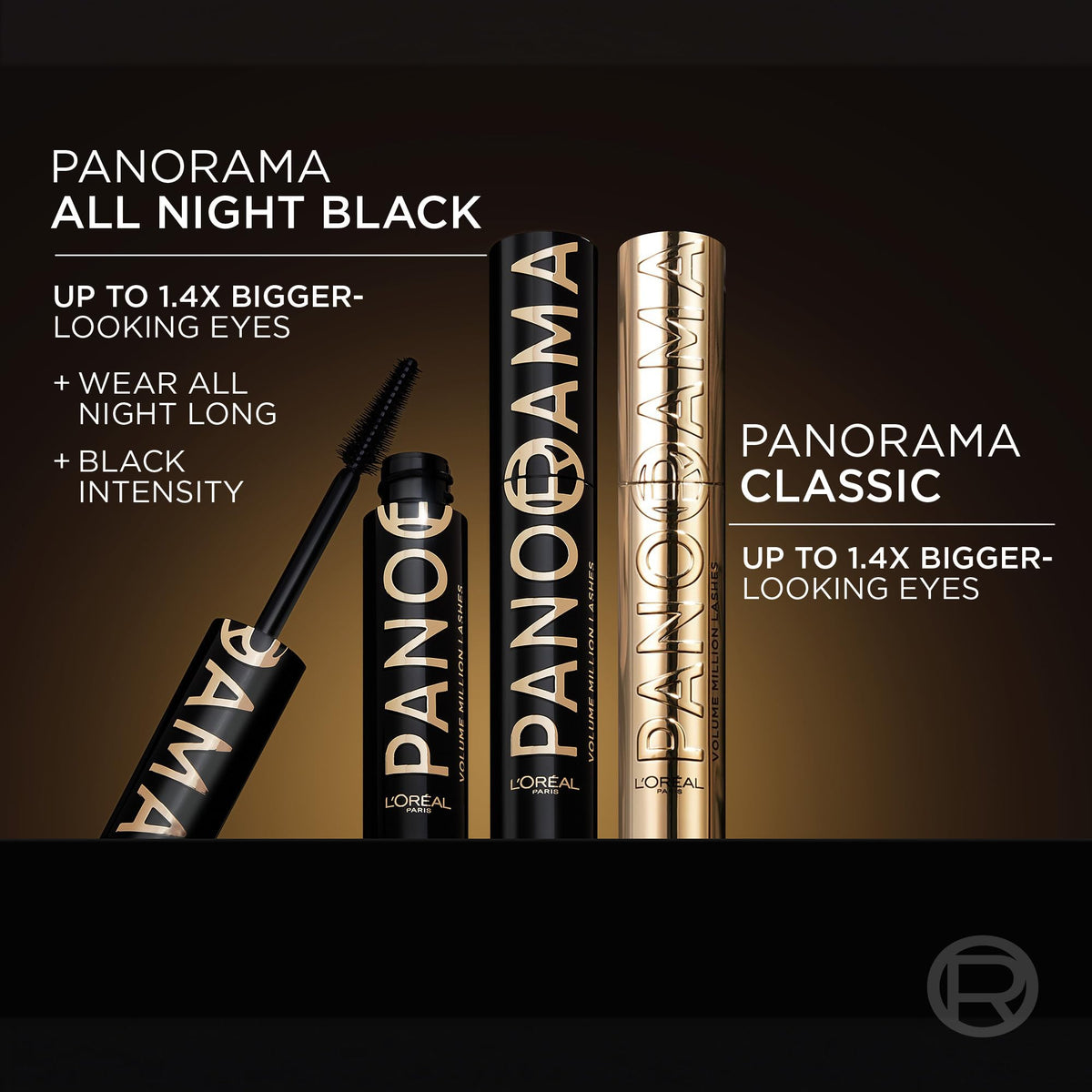 L'Oreal Paris Voluminous Panorama Mascara, Volumizing and Lengthening Formula, Longwear, Smudge-Resistant and Washable, All Night Black Mascara, 0.33