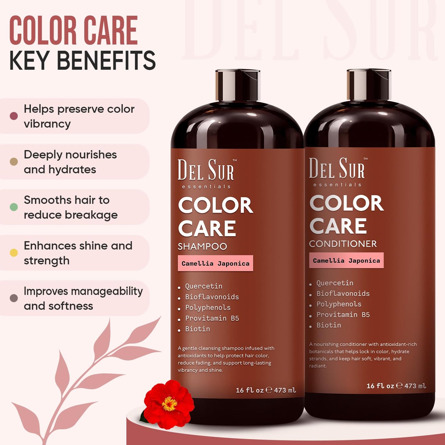 DEL SUR Color Safe Shampoo and Conditioner Set for Color Treated Hair | Camellia Japonica, Quercetin & Biotin | Anti-Frizz & Hydrating | 16 fl oz Each Beauty & Personal Care DEL SUR