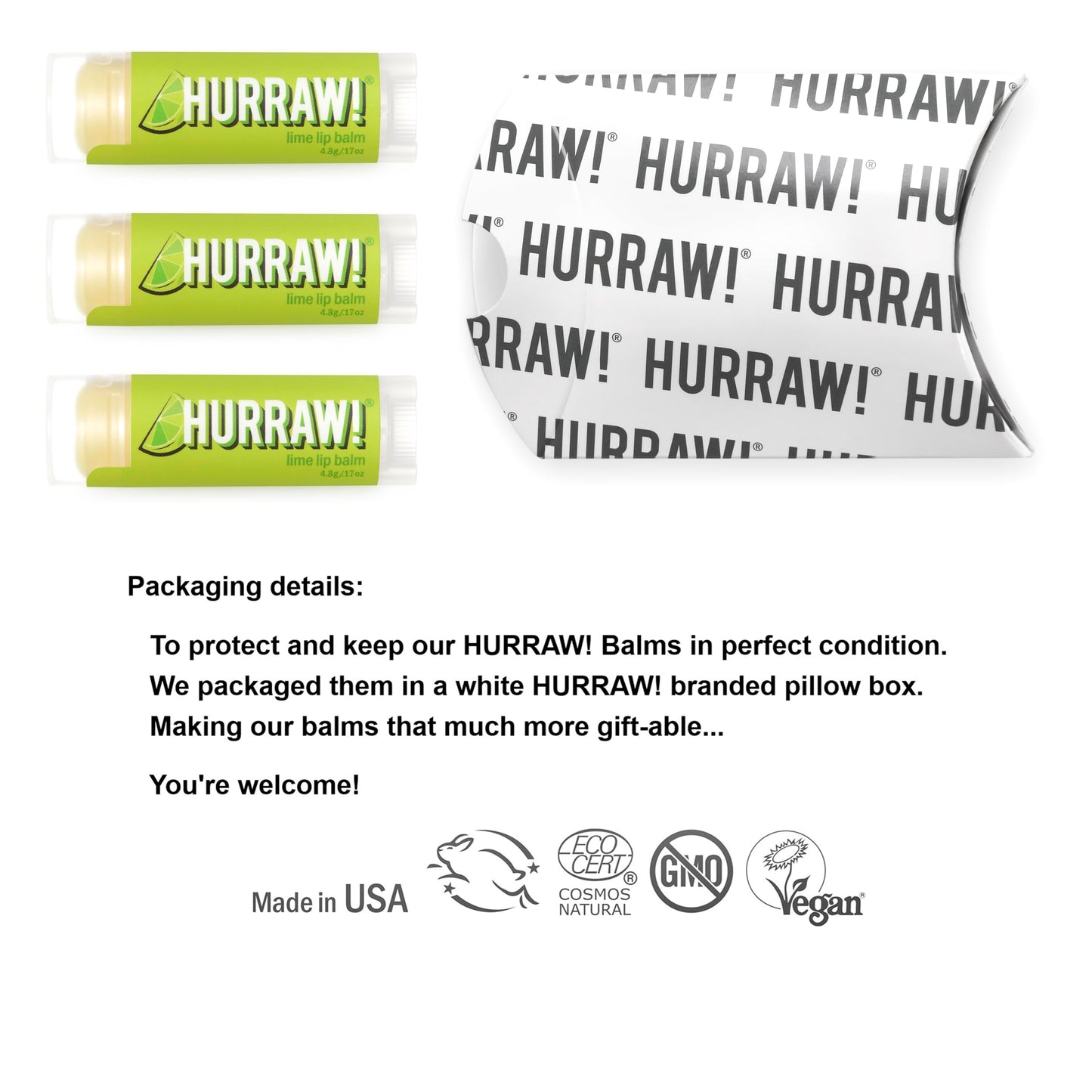 Hurraw! Lime Lip Balm, 3 Pack: Organic, Certified Vegan, Cruelty and Gluten Free. Non-GMO, 100% Natural Ingredients. Bee, Shea, Soy and Palm Free. Beauty & Personal Care HURRAW!