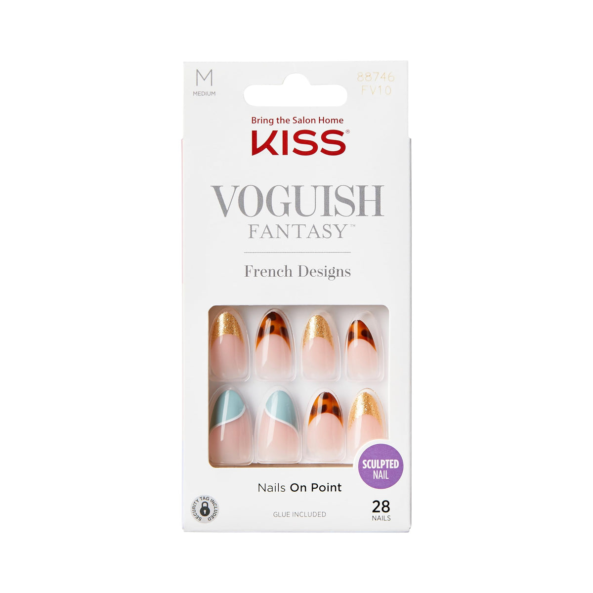 KISS Voguish Fantasy, Press On Nails, Nail glue included, 'Charmante', Multicolor, Medium Size, Almond Shape, Includes 28 Nails, 2g glue, 1 Manicure