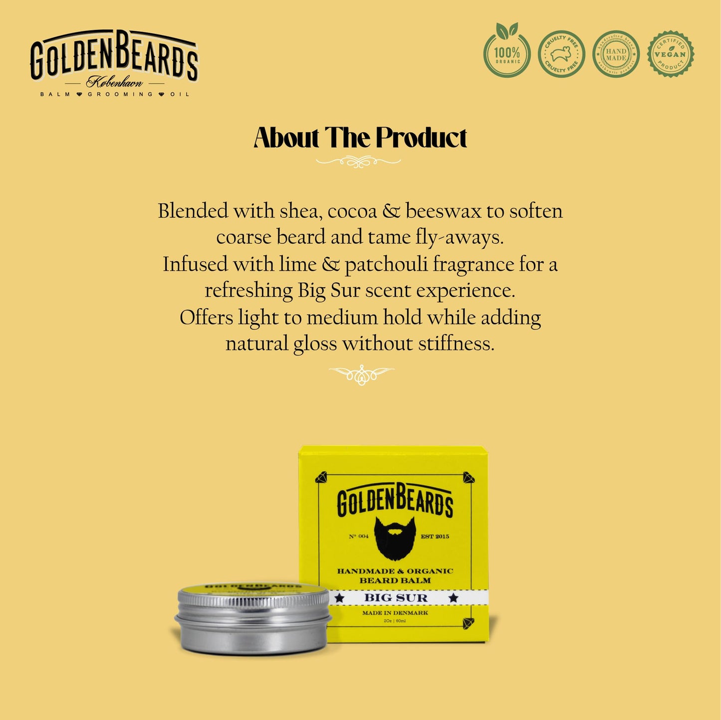 Golden Beards Organic Beard Balm Big Sur - Shea, Cocoa & Argan Butter Blend with Lime & Patchouli Scent - 30ml Vegan Beard Softener & Styling Balm Beauty and Personal Care Golden Beards Kobenhavn BALM GROOMING OIL