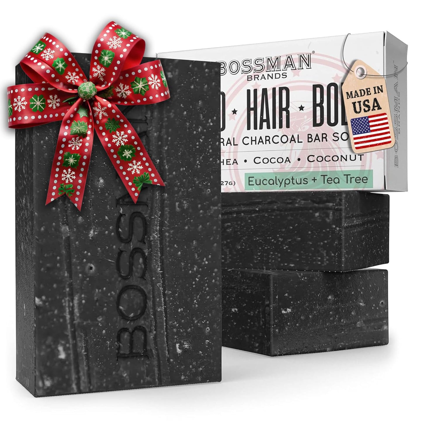 Bossman 3-Pack 4-in-1 Charcoal Soap Bar (4 oz) - Bar Soap for Men - All-Natural Beard Wash, Shampoo, Body Wash & Shaving Solution - Eucalyptus & Tea Beauty & Personal Care Bossman
