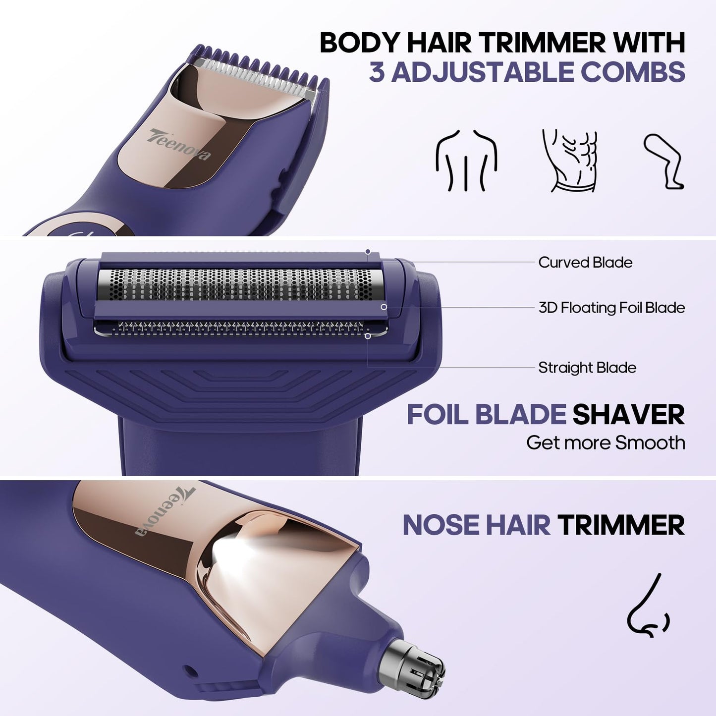 TEENOVA Manscape Body Hair Trimmer for Men, No Nick Pubic Bikini Trimmer for Women, 3 in 1 Versatile Groin Shaver with Nose Hair Trimmer, Cordless Beauty and Personal Care TEENOVA