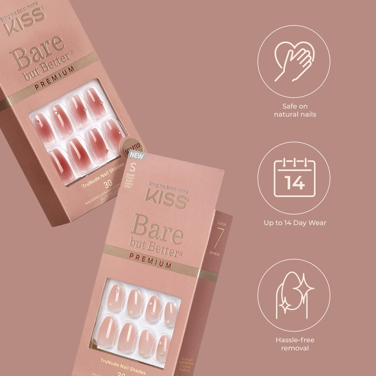 KISS Bare But Better, Press On Nails, Nail glue included, 'Slay', Light Nude, Short Size, Almond Shape, Includes 30 Nails, 2G Glue, 1 Manicure Stick