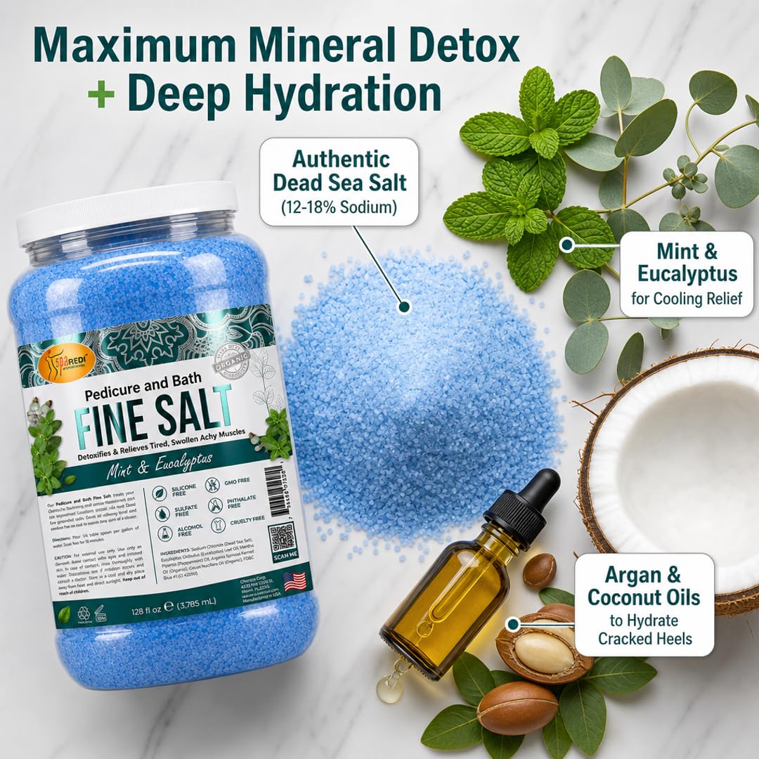SPA REDI - Detox Foot Soak Pedicure and Bath Fine Salt, Mint and Eucalyptus, 128 Oz - Made with Dead Sea Salts, Argan Oil, Coconut Oil, and Essential Beauty and Personal Care SPA REDI