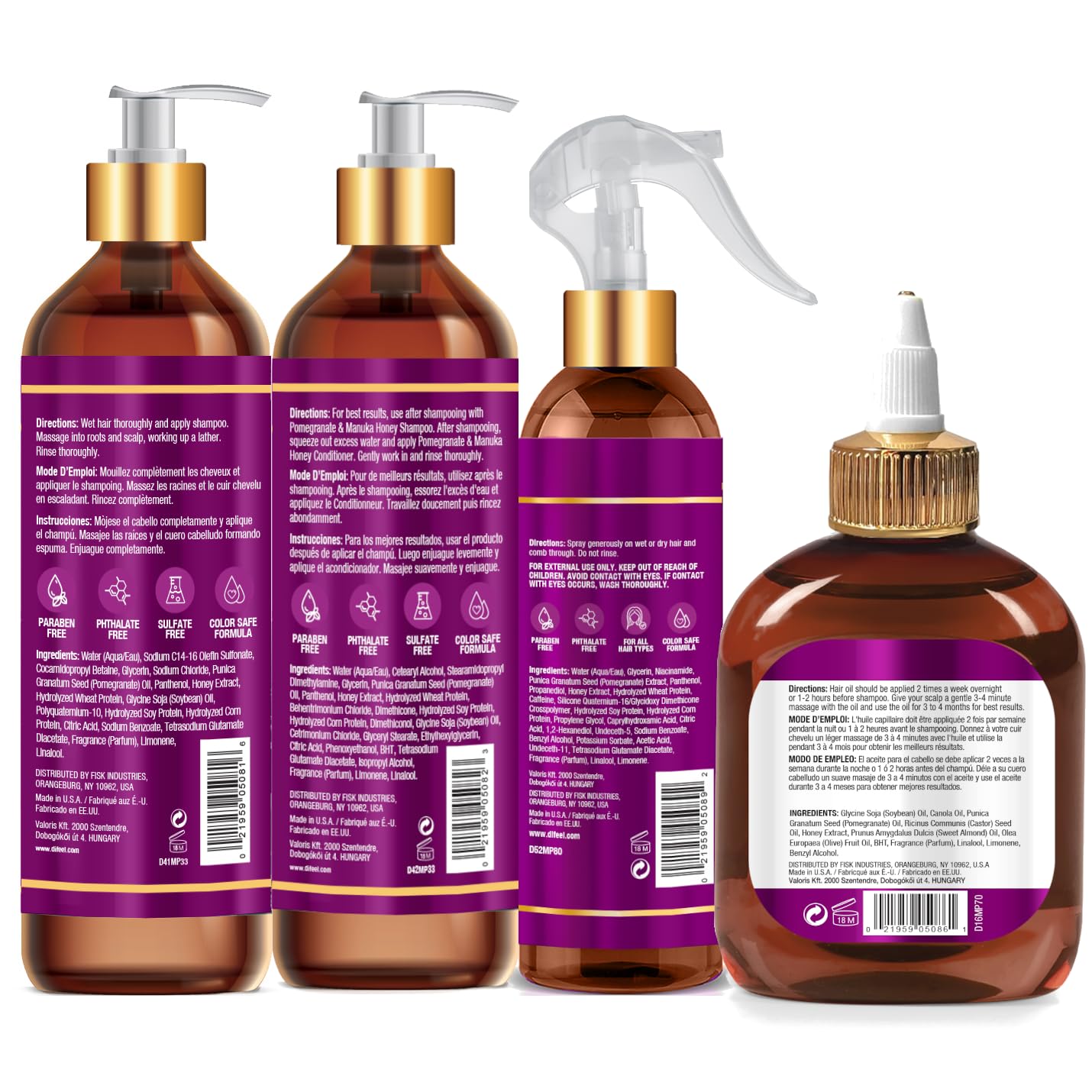 Difeel Pomegranate & Manuka Honey Shampoo & Conditioner 4-PC Set - Includes 33.8oz Shampoo, 33.8oz Conditioner, 8oz Leave in Spray and 7.1oz Hair Oil Beauty & Personal Care Difeel