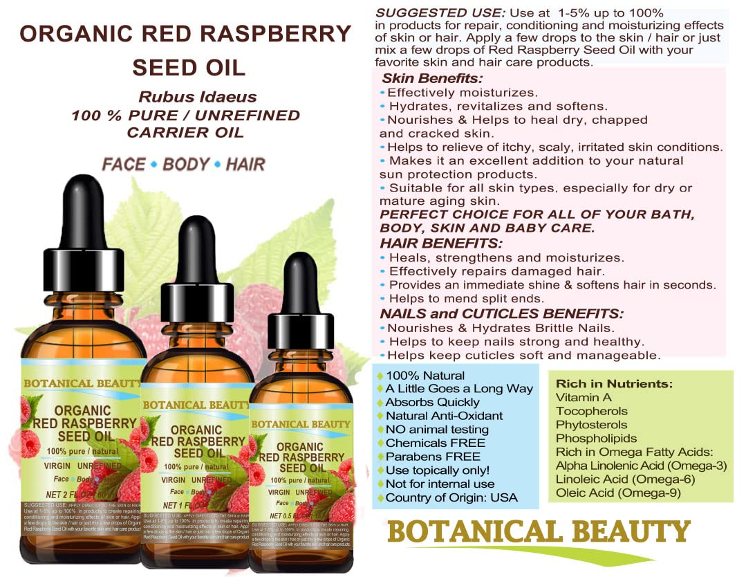 Botanical Beauty Organic RED RASPBERRY SEED OIL 100% Pure Natural Undiluted Virgin Unrefined Cold Pressed Carrier Oil for Face, Skin, Hair, Lip, Nails Beauty & Personal Care Botanical Beauty