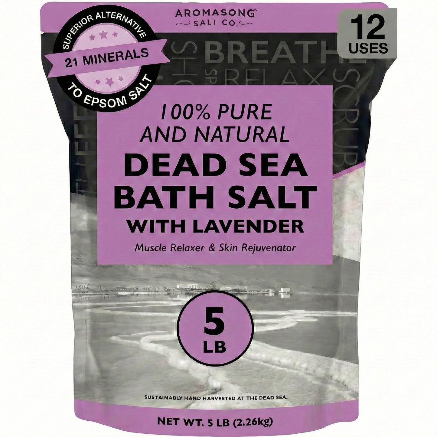 Aromasong Pure Dead Sea Salt for Soaking with 100% Natural Lavender, 5 LB - Spa Bath Salt Fine Grain - Body Wash Scrub - Soak for Women & Men- Bulk Beauty and Personal Care Aromasong