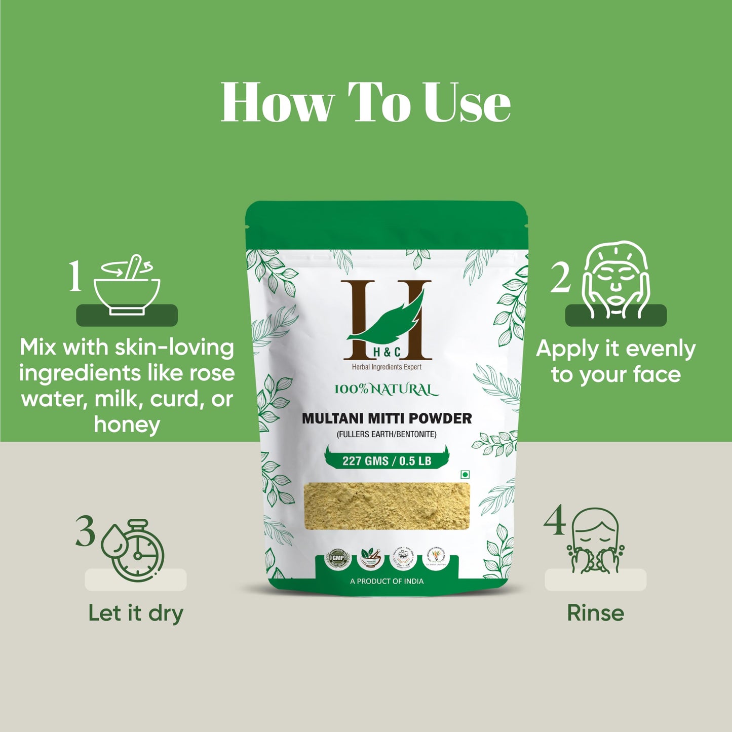 H&C Herbal Ingredients Expert 100% Pure Fuller's Earth Clay (Multani Mitti) - 1/2 lb / 227 gm | Exfoliates & Cleanse the Skin | Helps Removing Dead Beauty & Personal Care H&C