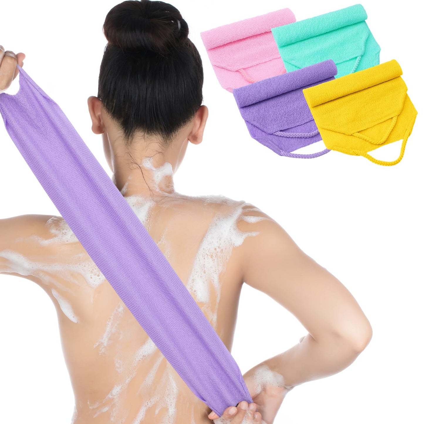 DOPENSPI 4PCS Exfoliating Back Scrubber with Handles, Nylon Double-Sided Exfoliator Extended Length Stretchable Body Exfoliating Washcloth Pull Strap Beauty and Personal Care DOPENSPI