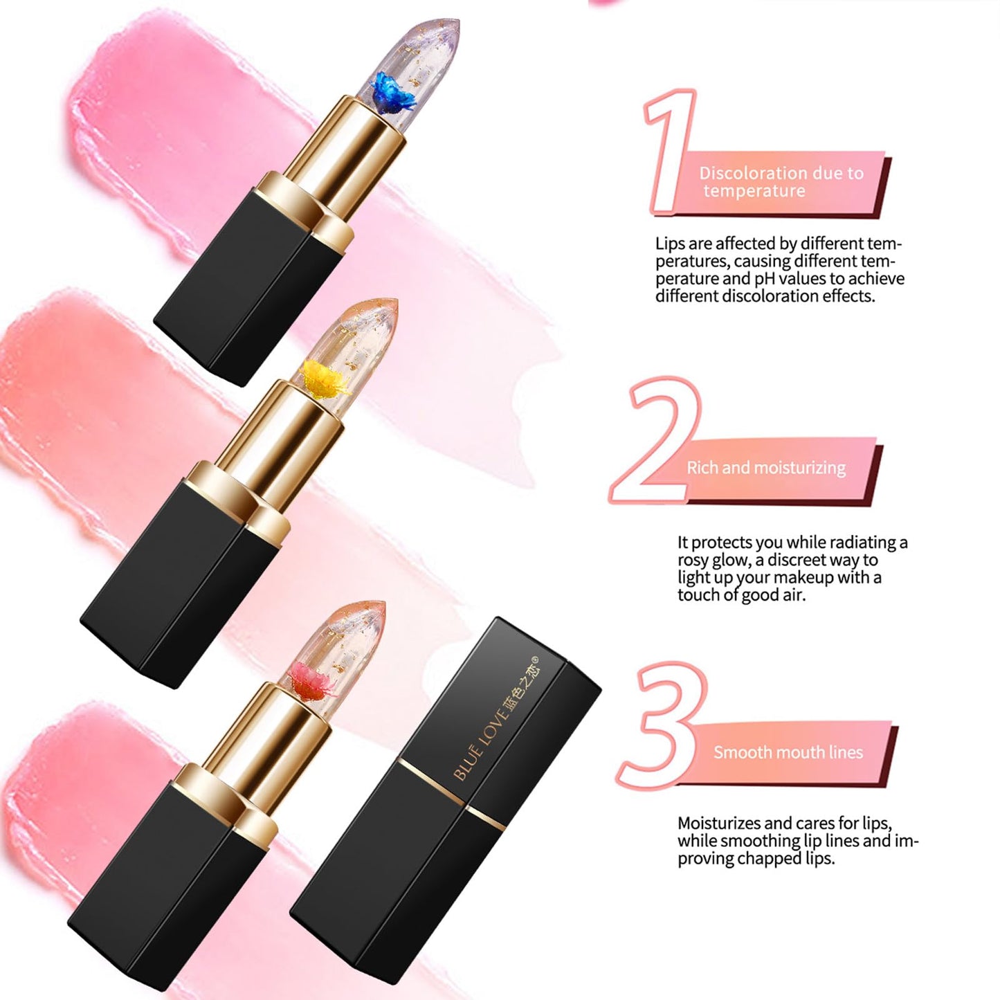 BLUE LOVE 2PCS Color Changing Flower Lipstick - Hydrating Jelly Lip Balm with Flower, Long-Lasting Moisturizer & Nourishing Lip Gloss (Gold&Pink) Beauty and Personal Care BLUE LOVE