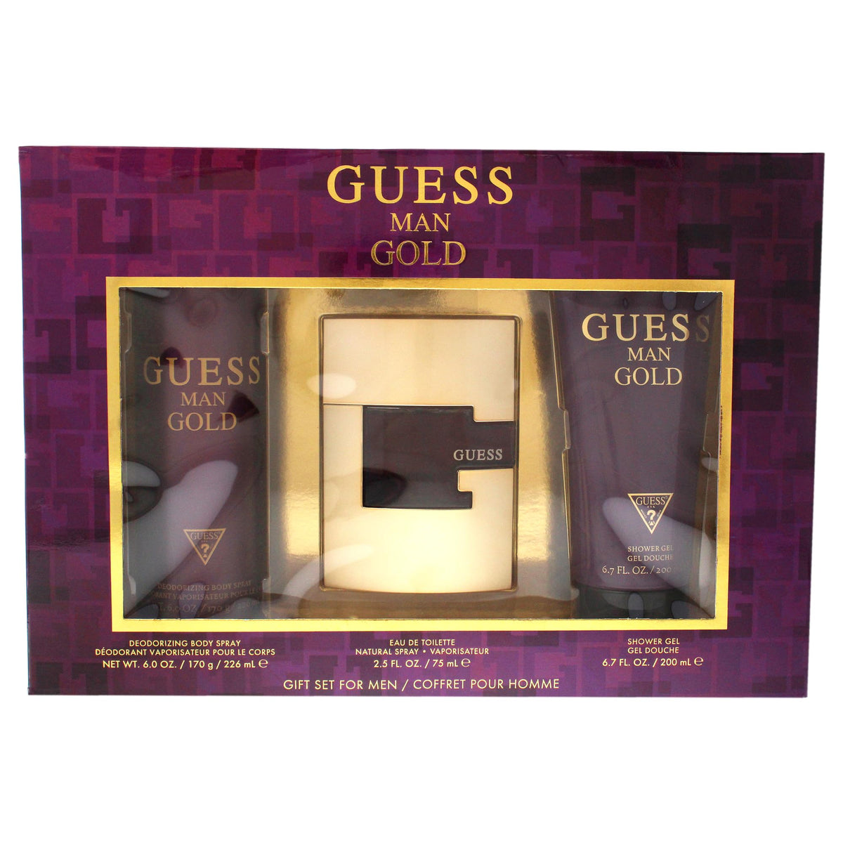 Guess Gold 3 Pc Gift Set 2.5oz EDT Spray, 6.0oz Deodorizing Body Spray, 6.7oz Shower Gel GIFTSET